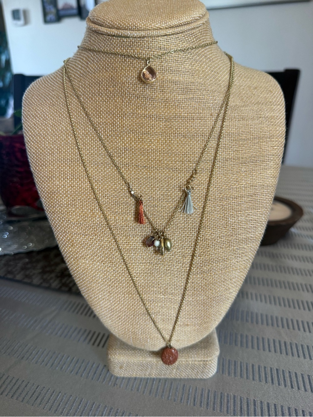 LOFT Multi Strand Layered Necklace Set Gold Tone Tassel Charm Boho Statement